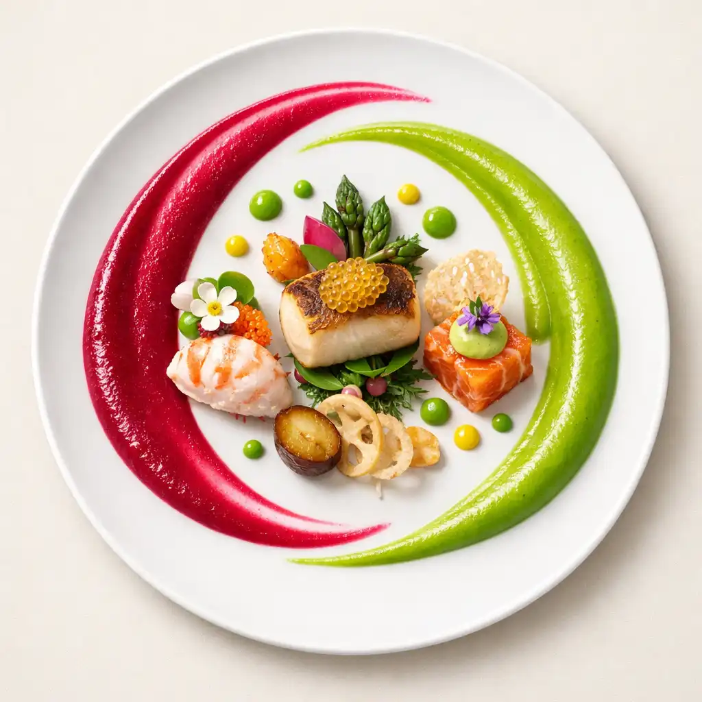 Assiette gastronomique dressée avec des rubans de sauce colorés