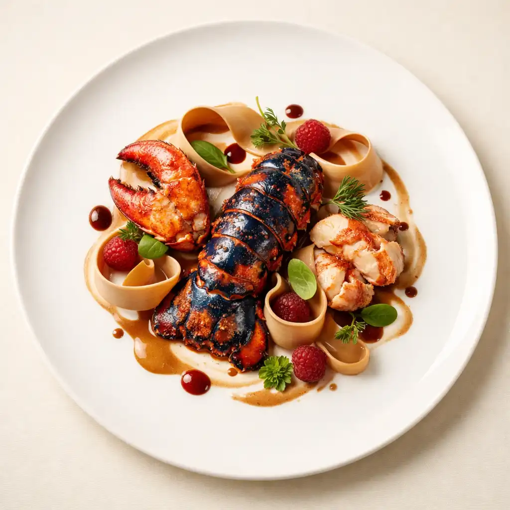 Homard bleu rôti avec rubans de bisque et herbes fraîches