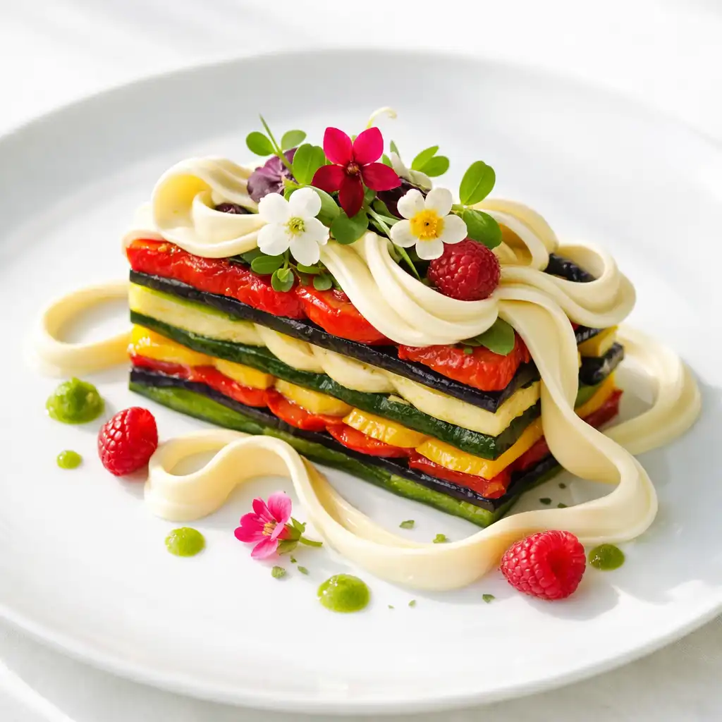 Millefeuille de légumes colorés avec crème et fleurs comestibles