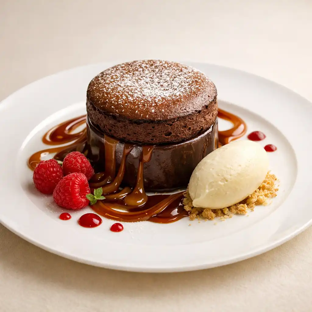 Soufflé au chocolat avec rubans de caramel et glace vanille