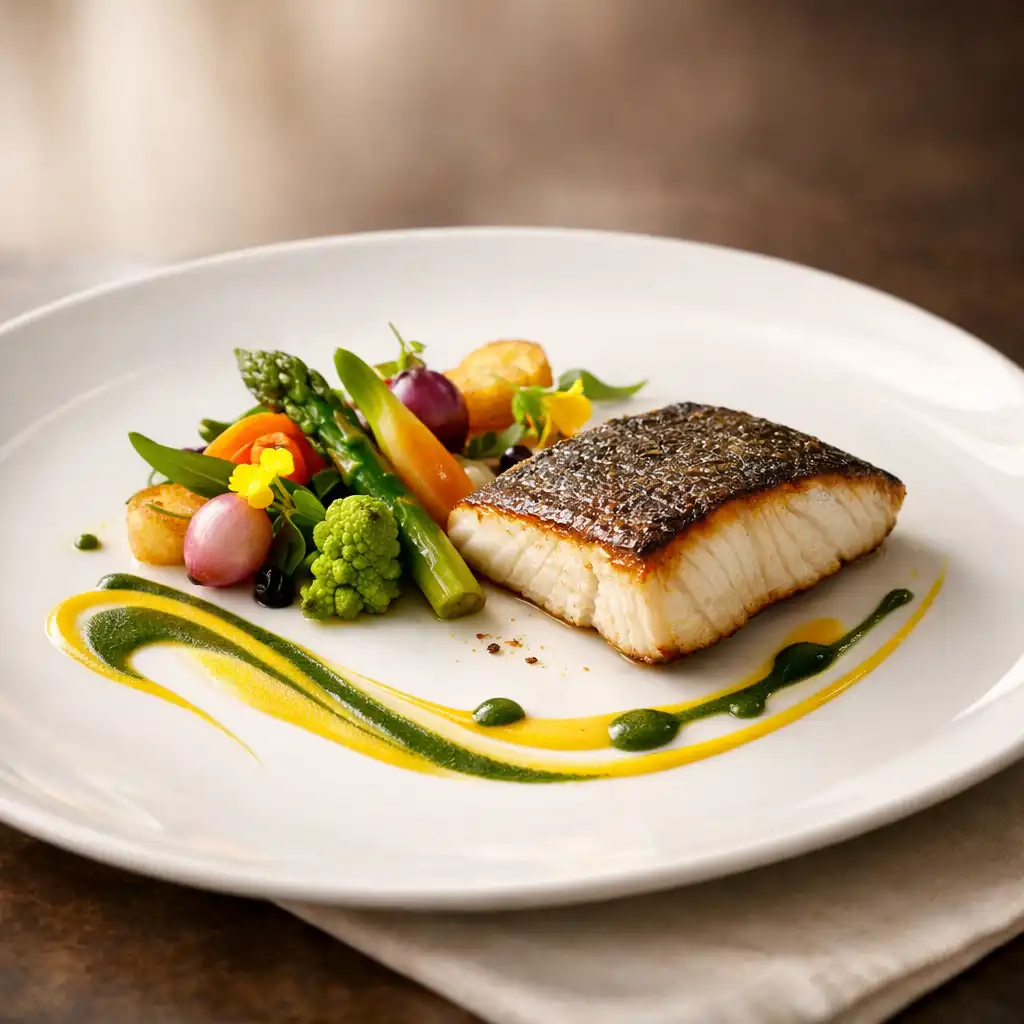 Plat gastronomique signature de Maison Bel Assiette, présenté avec des courbes élégantes