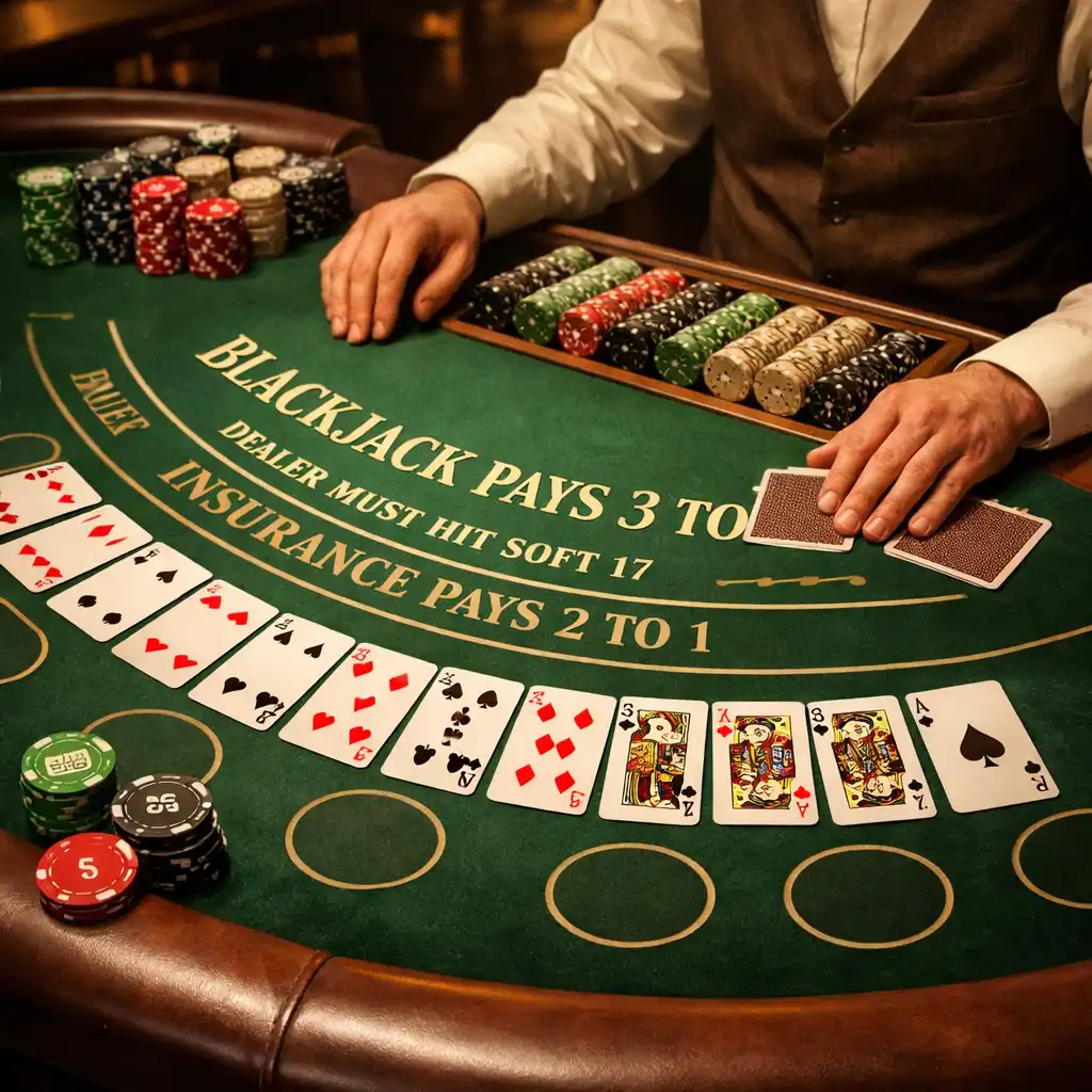 Table de blackjack avec cartes étalées et jetons