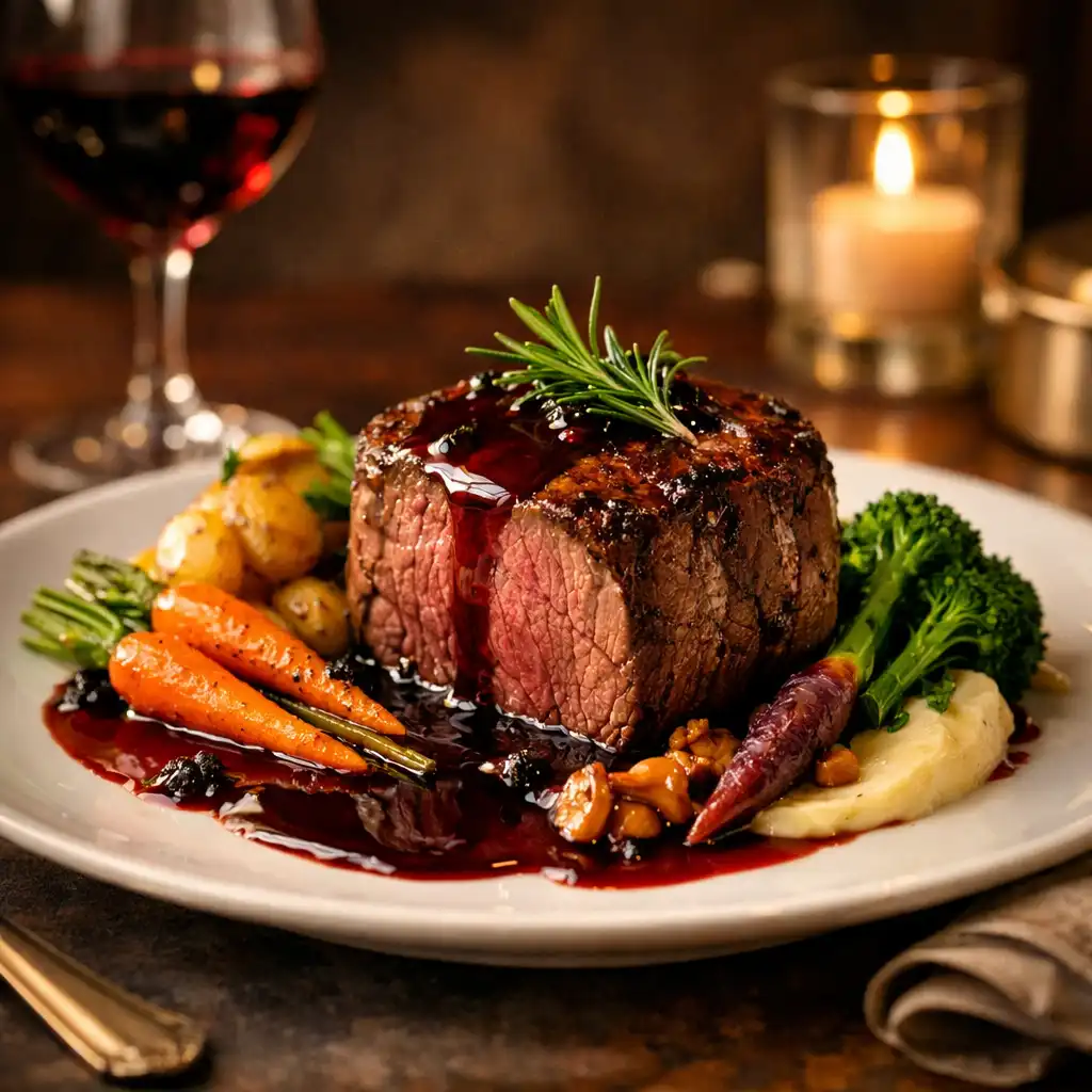Plat principal français : filet de bœuf avec sauce au vin rouge