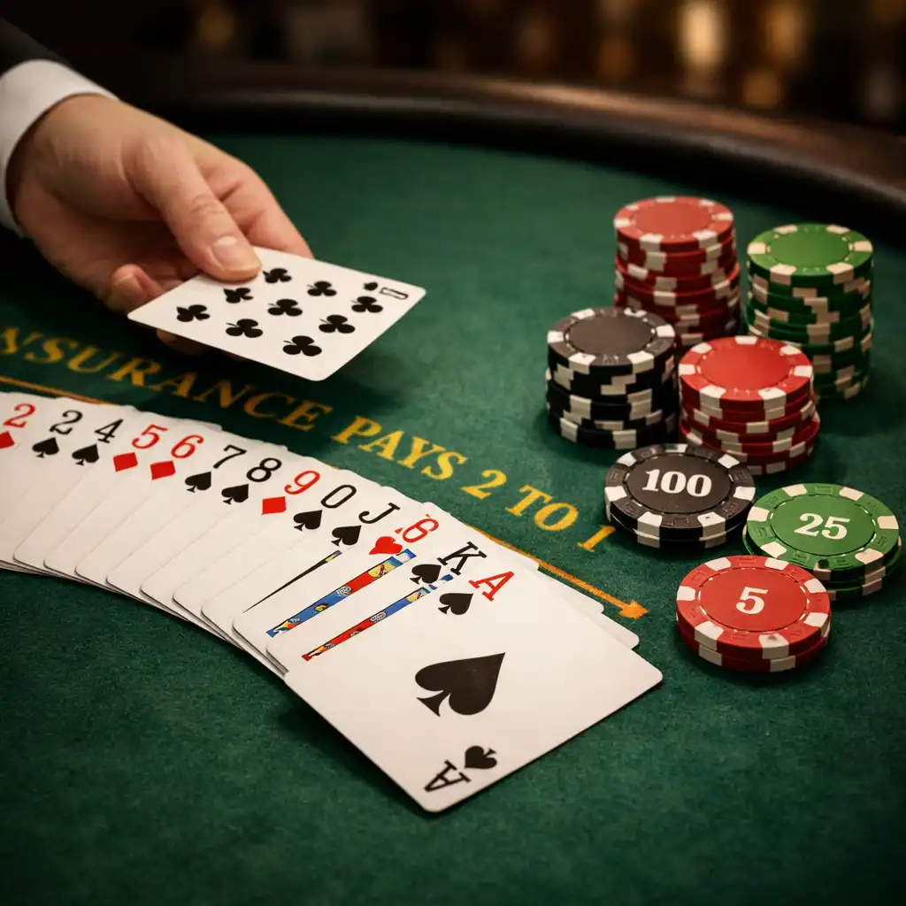Table de blackjack physique avec cartes en éventail et jetons