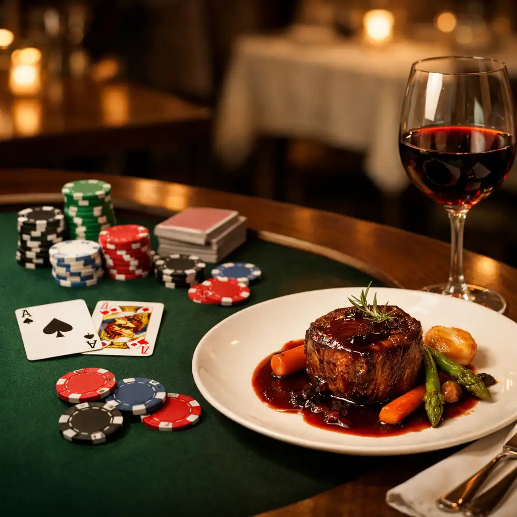 Table de jeu avec un plat gastronomique raffiné et un verre de vin rouge