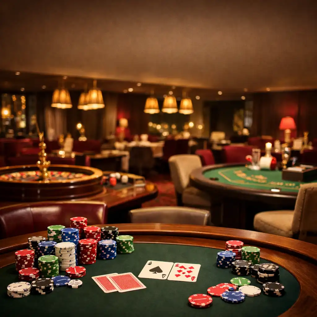 Table de poker élégante avec jetons et cartes dans une salle de casino feutrée