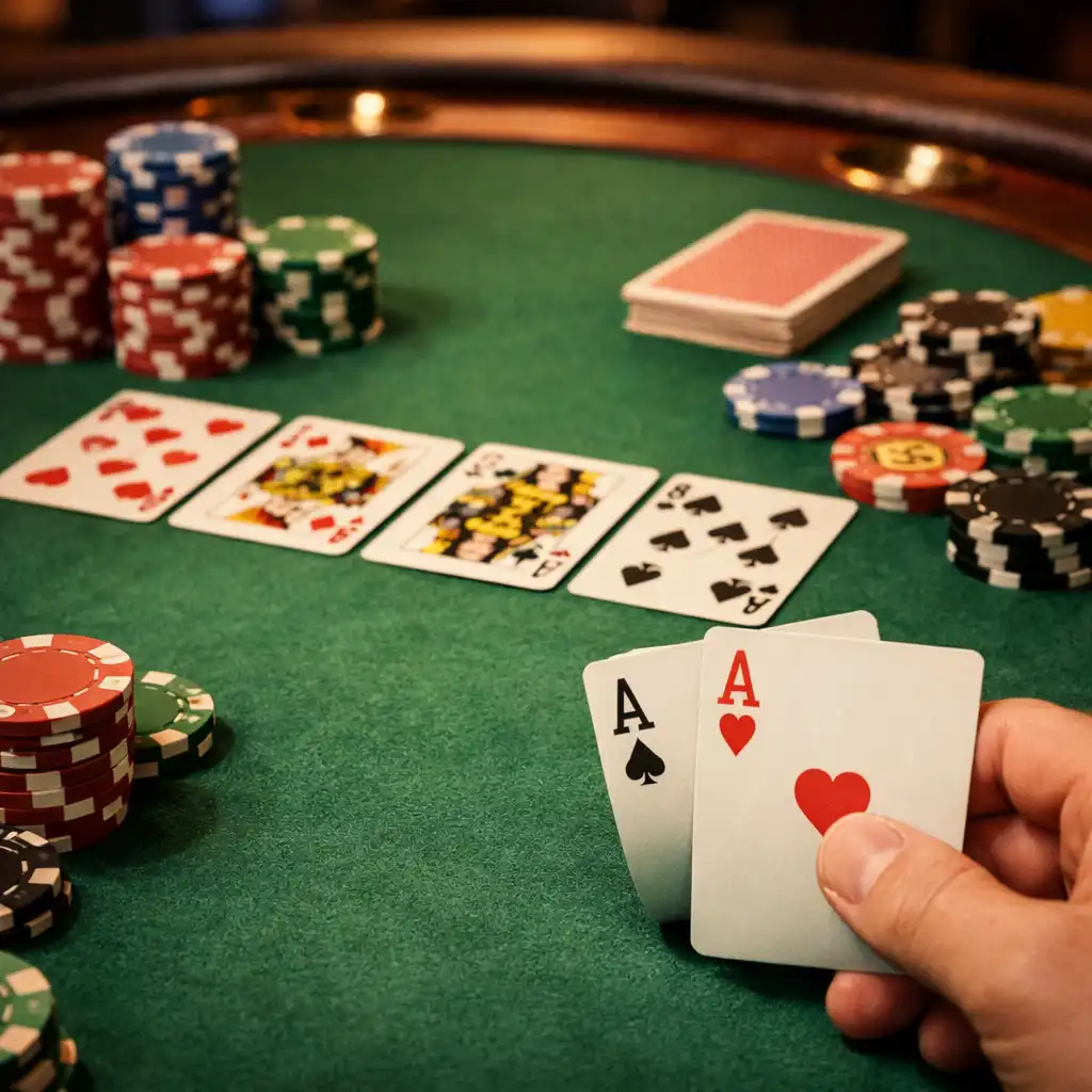 Gros plan sur une table de poker physique avec cartes et jetons