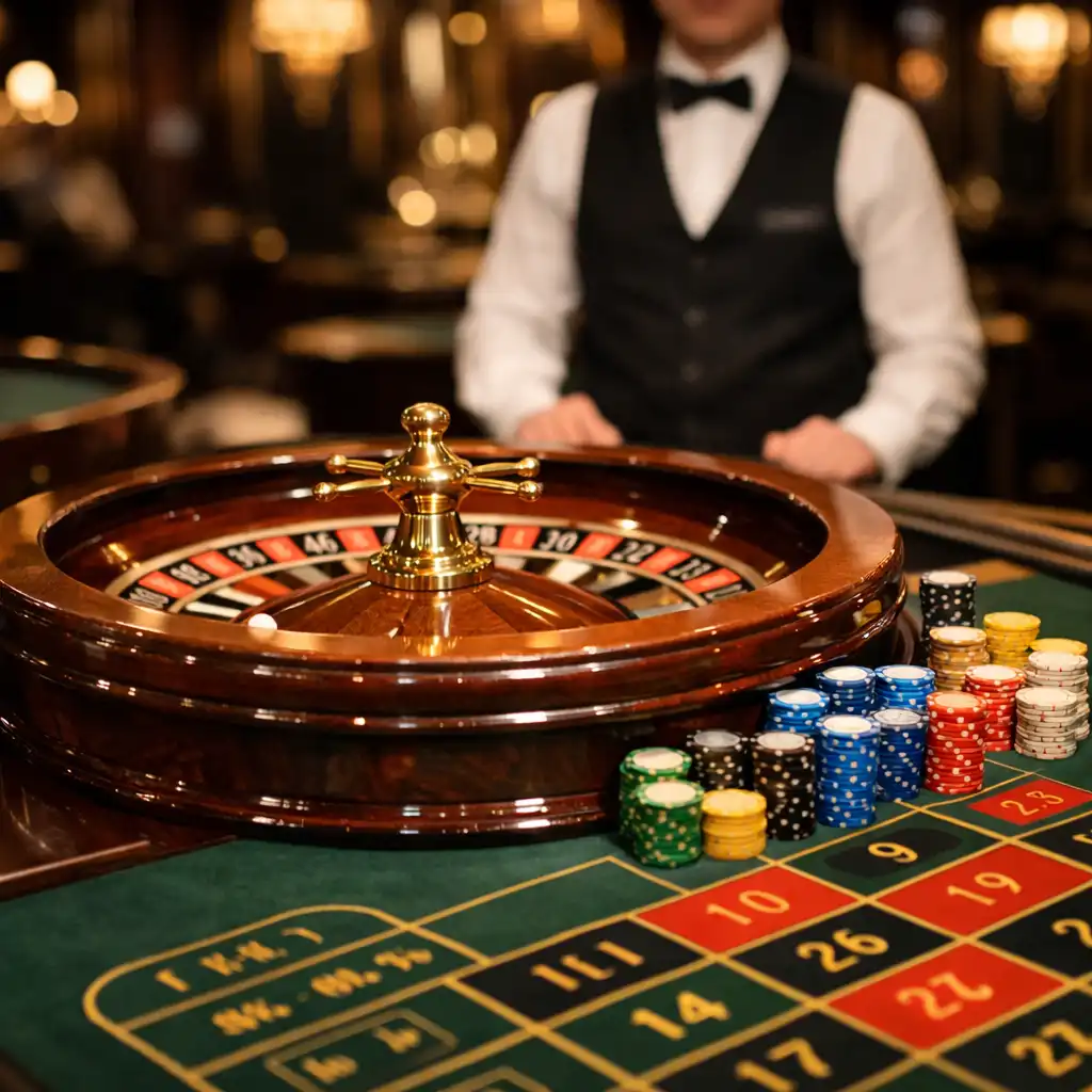 Table de roulette physique avec cylindre en acajou et jetons