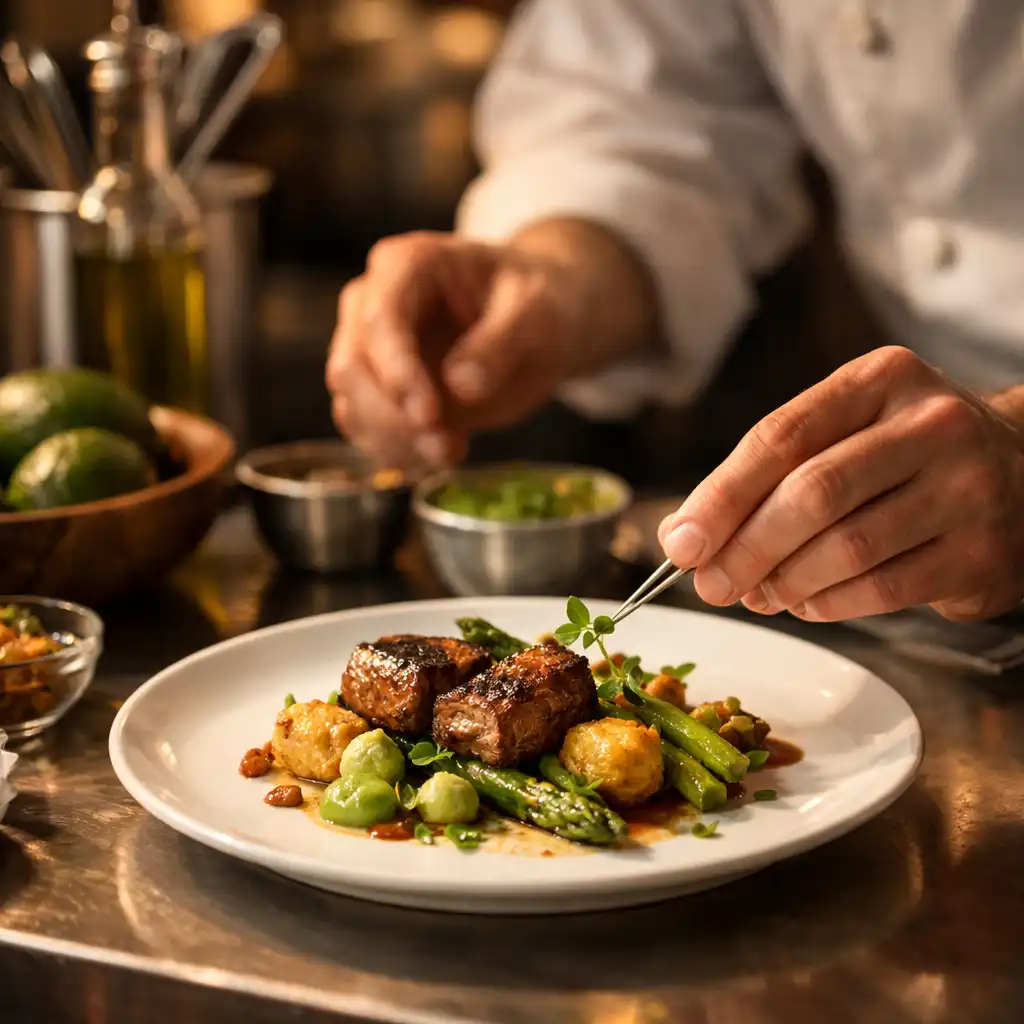 Chef dressant une assiette avec une poche à douille en cuisine