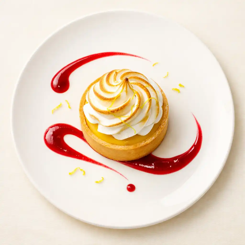 Tarte au citron meringuée revisitée avec coulis de framboise en ruban