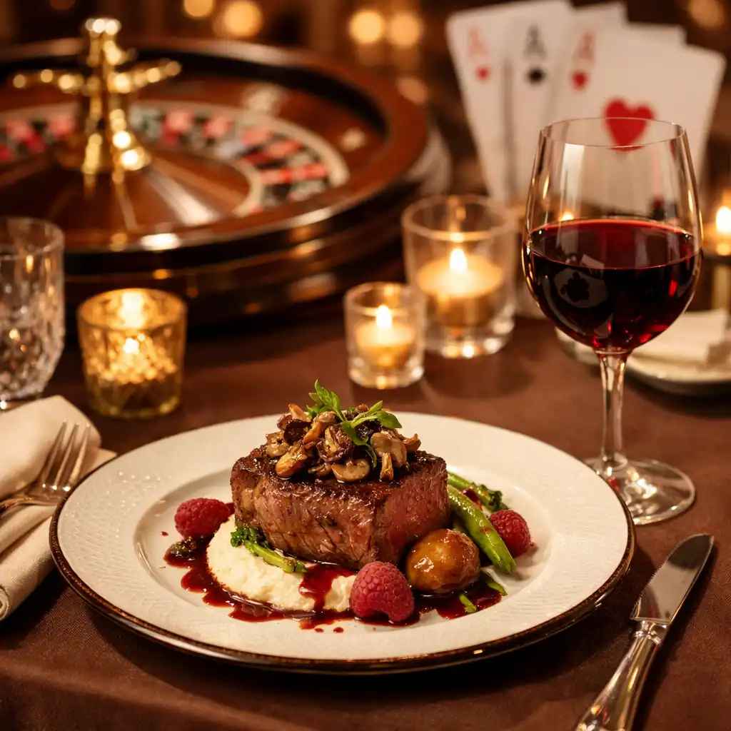 Table dressée pour un dîner élégant avec roulette et cartes en arrière-plan