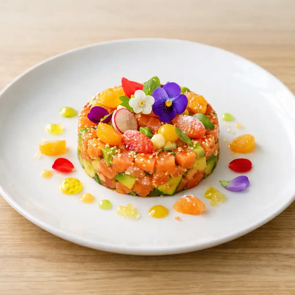 Entrée de tartare de saumon à l’avocat avec agrumes et fleurs comestibles