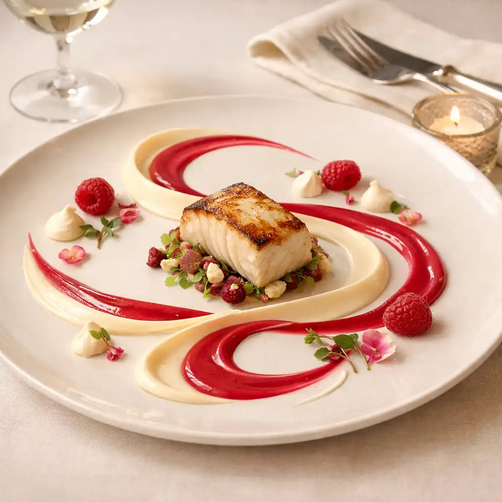 Plat signature avec rubans de sauce sur une table élégante
