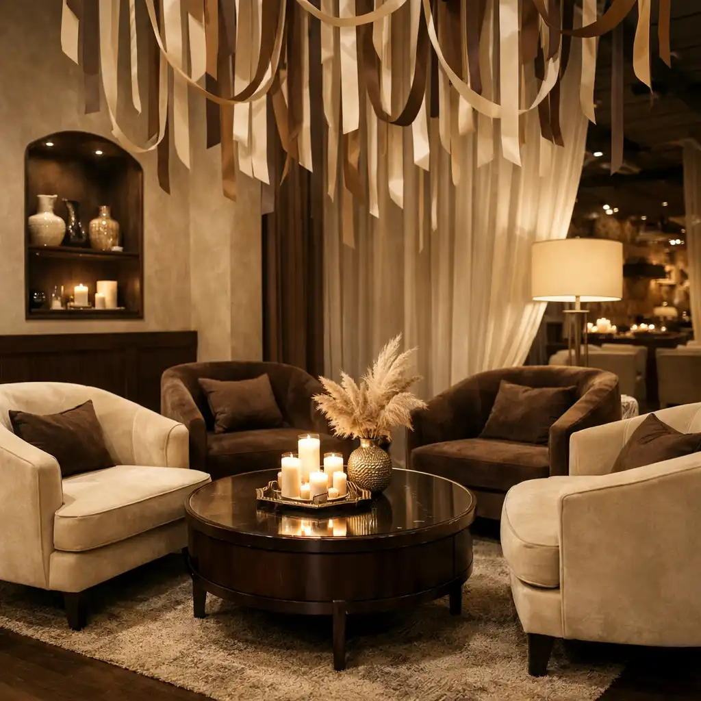 Coin salon du restaurant avec fauteuils en velours et décoration de rubans