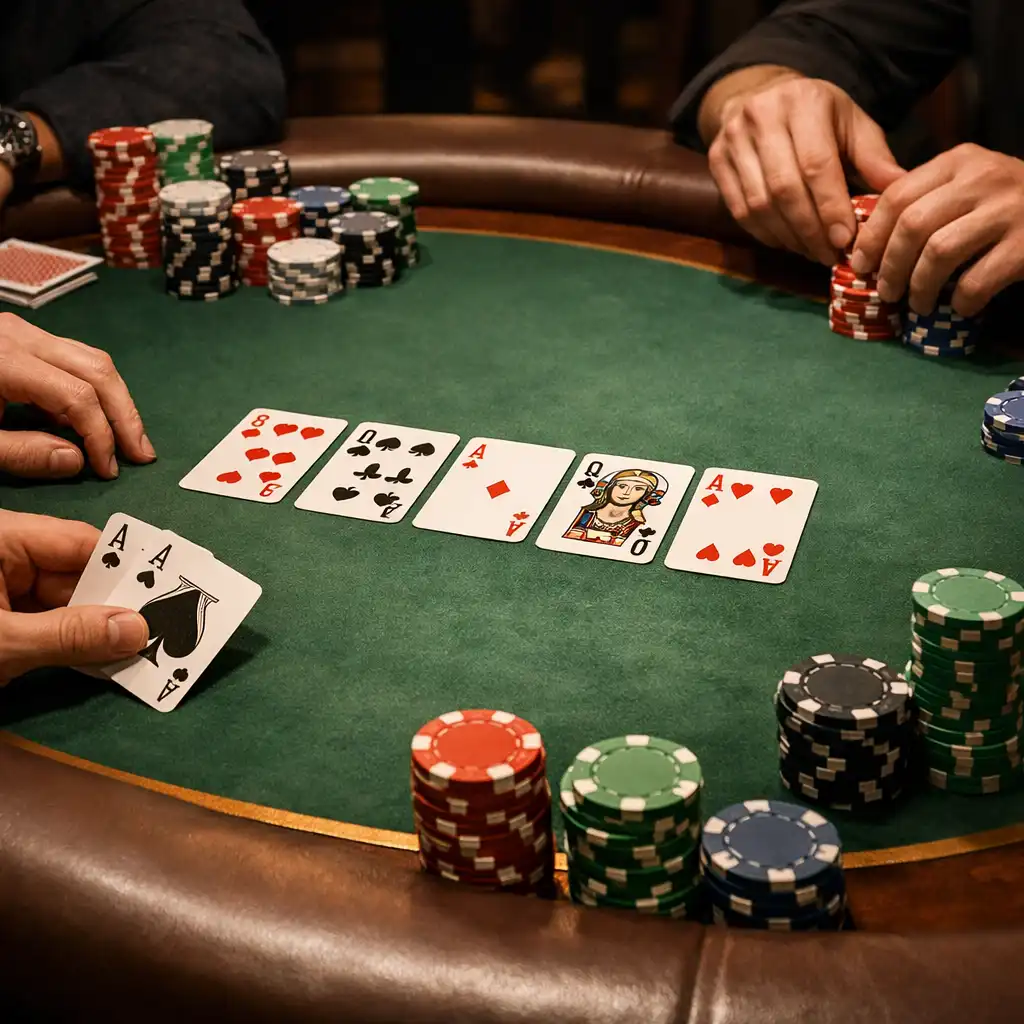Table de poker physique avec cartes, jetons et mains de joueurs