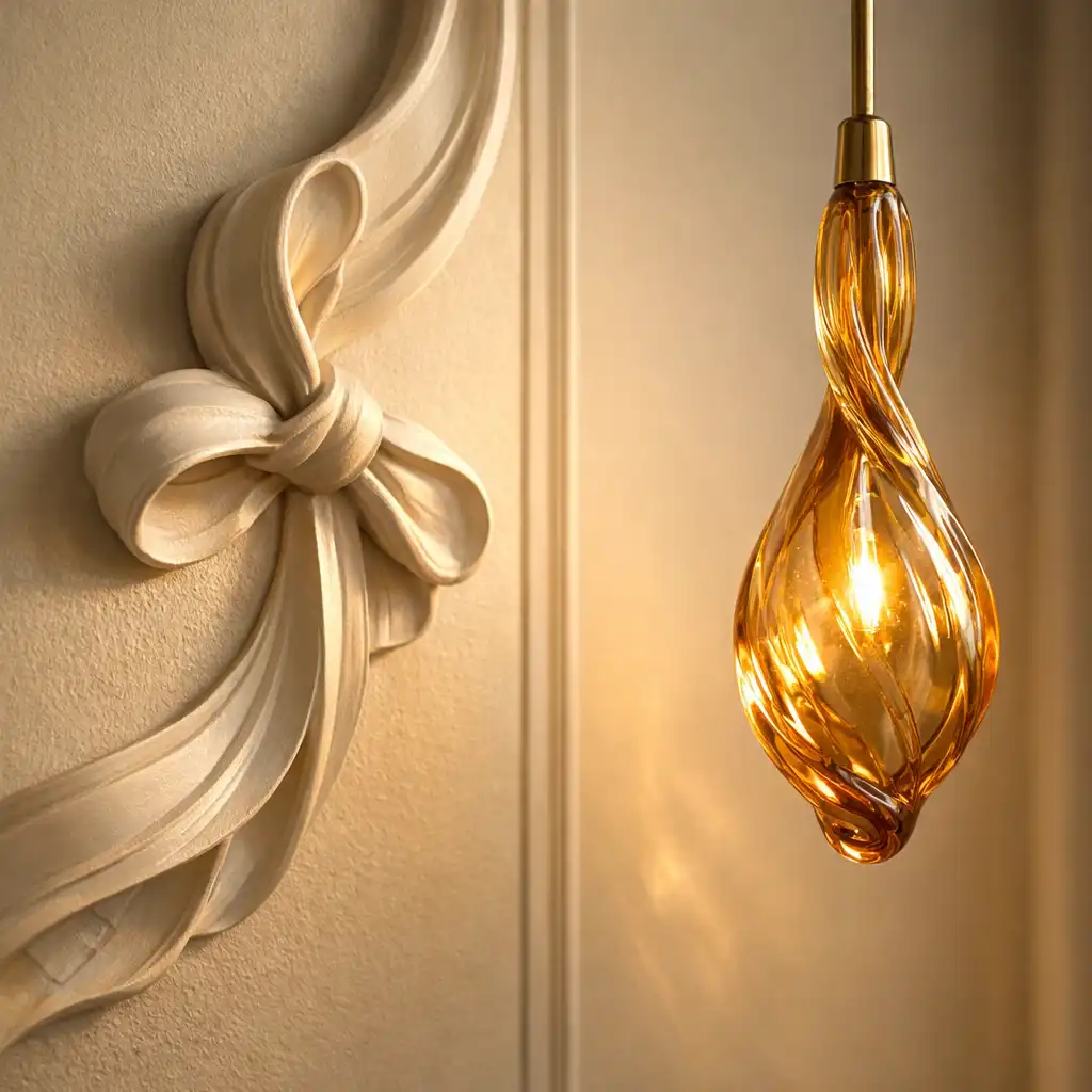 Détail d'une moulure murale en forme de ruban courbe et d'un luminaire suspendu