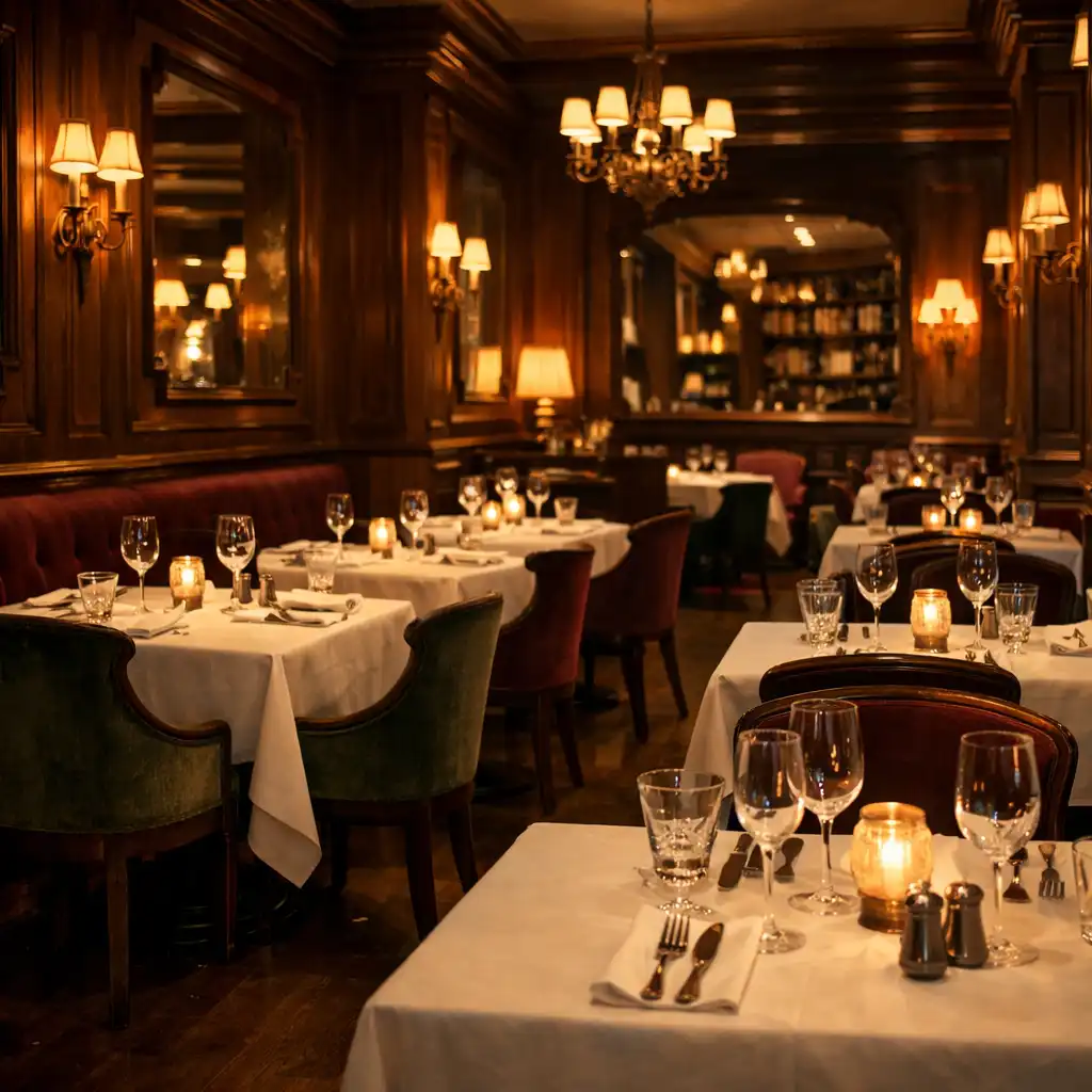 Intérieur élégant du restaurant avec tables dressées et chaises en velours framboise