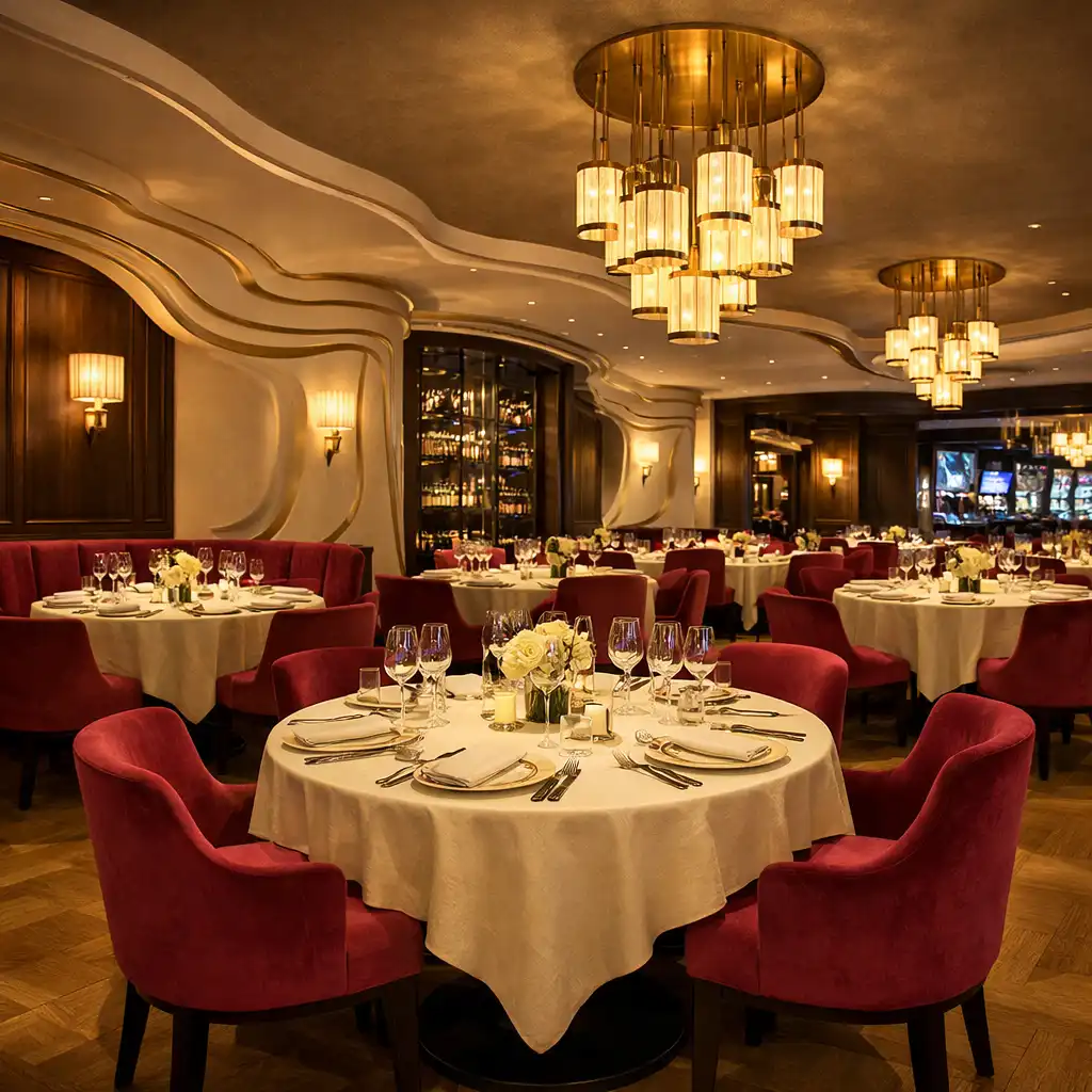 Salle principale du restaurant Maison Bel Assiette avec tables élégamment dressées et éclairage tamisé