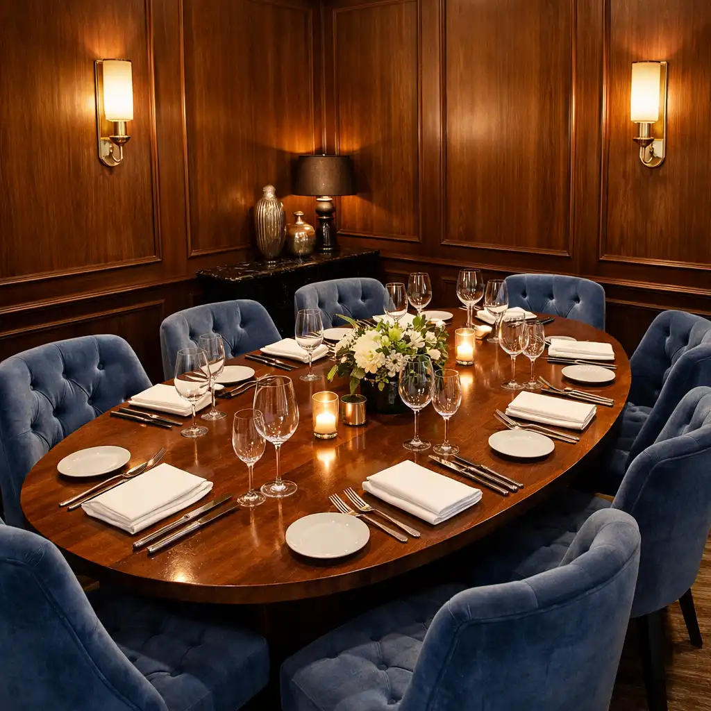 Salon privé avec table ovale en noyer et chaises capitonnées en velours bleu minéral