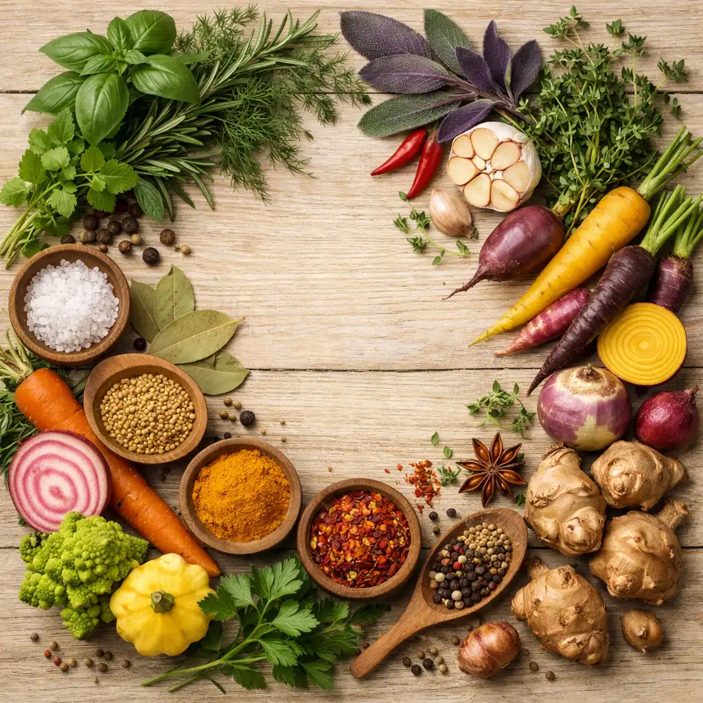Ingrédients frais disposés en cercle : herbes, légumes anciens et épices