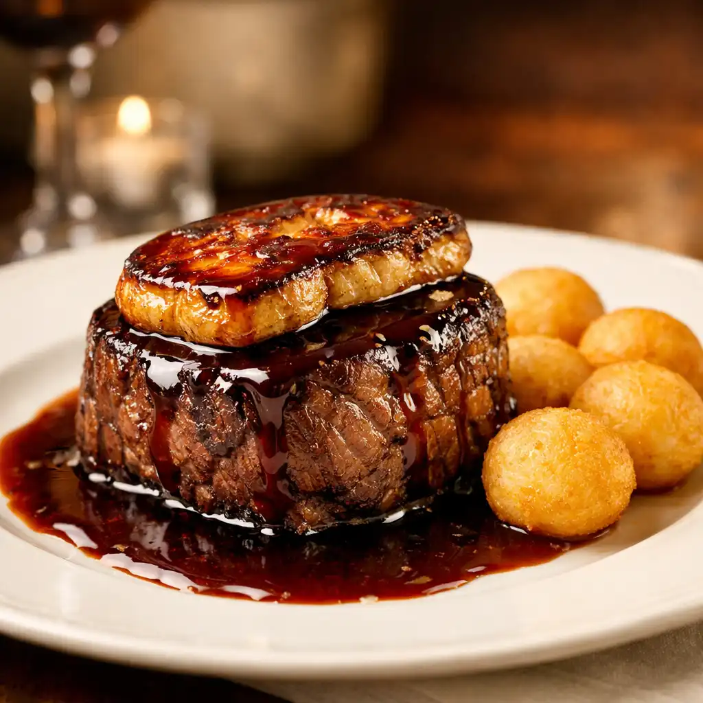 Filet de bœuf Rossini avec foie gras poêlé et sauce au vin rouge