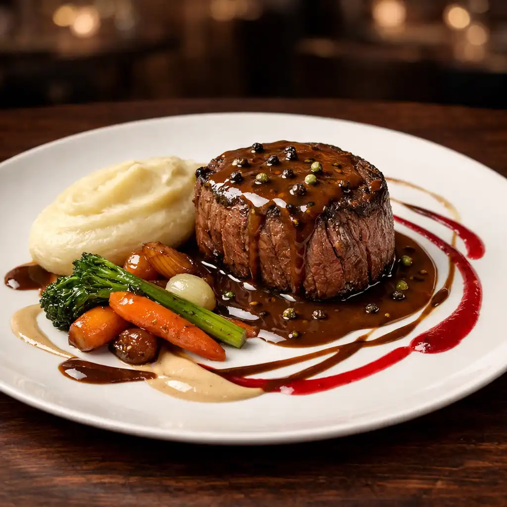 Filet de bœuf rôti avec sauce au poivre et légumes glacés