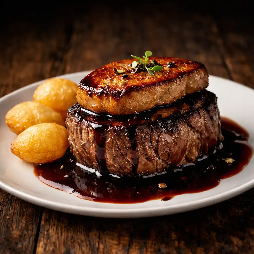 Filet de bœuf Rossini avec foie gras poêlé et pommes soufflées