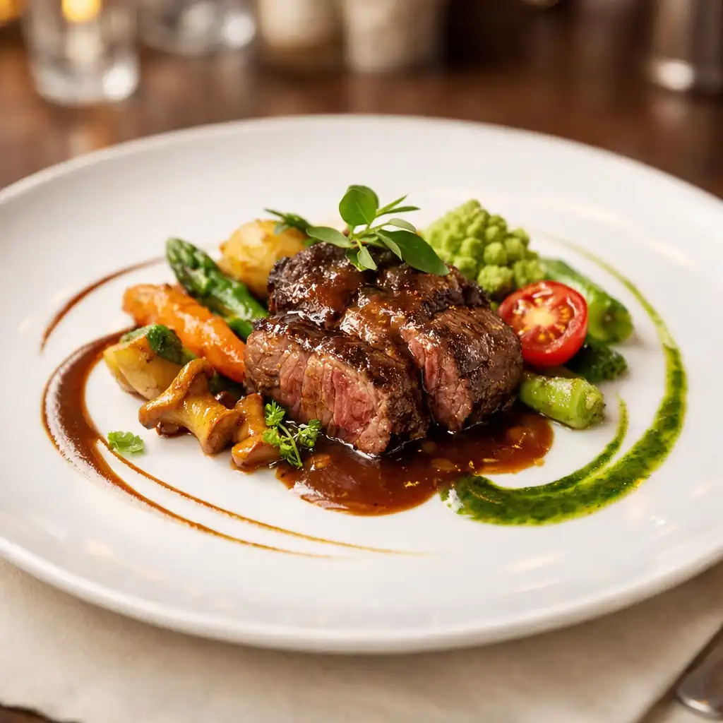 Plat gastronomique français élégant avec viande tendre, légumes de saison et sauce artistique