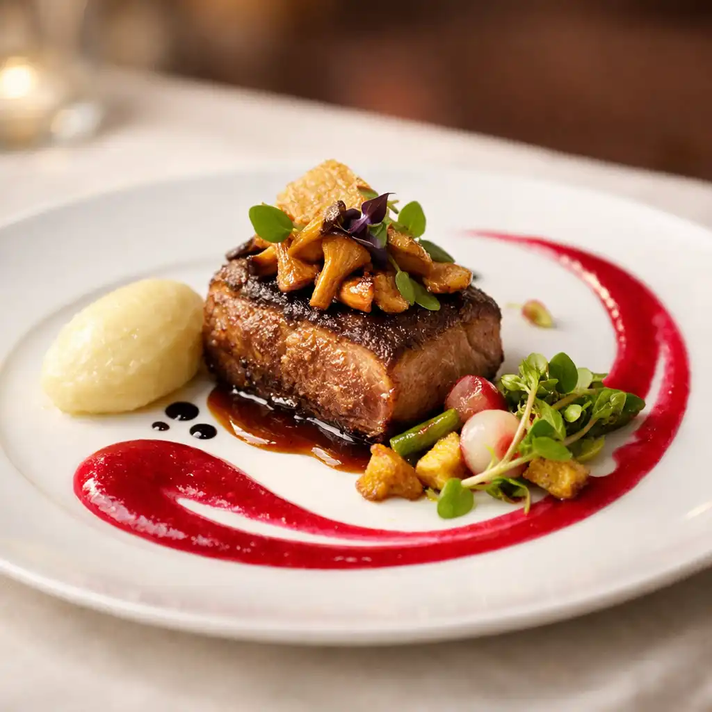 Plat gastronomique français raffiné avec une sauce ruban framboise