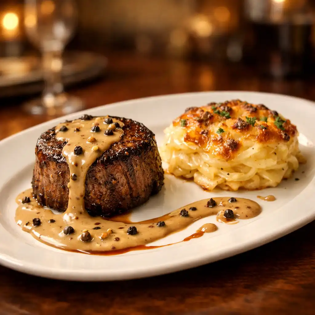 Filet de bœuf sauce au poivre avec gratin dauphinois, dressé sur une assiette ovale