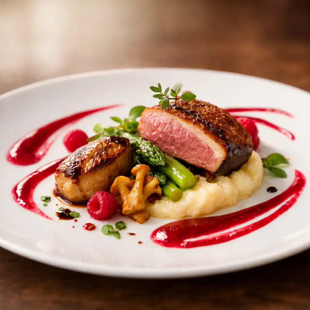 Plat signature de Maison Bel Assiette dressé avec des rubans de sauce framboise et crème