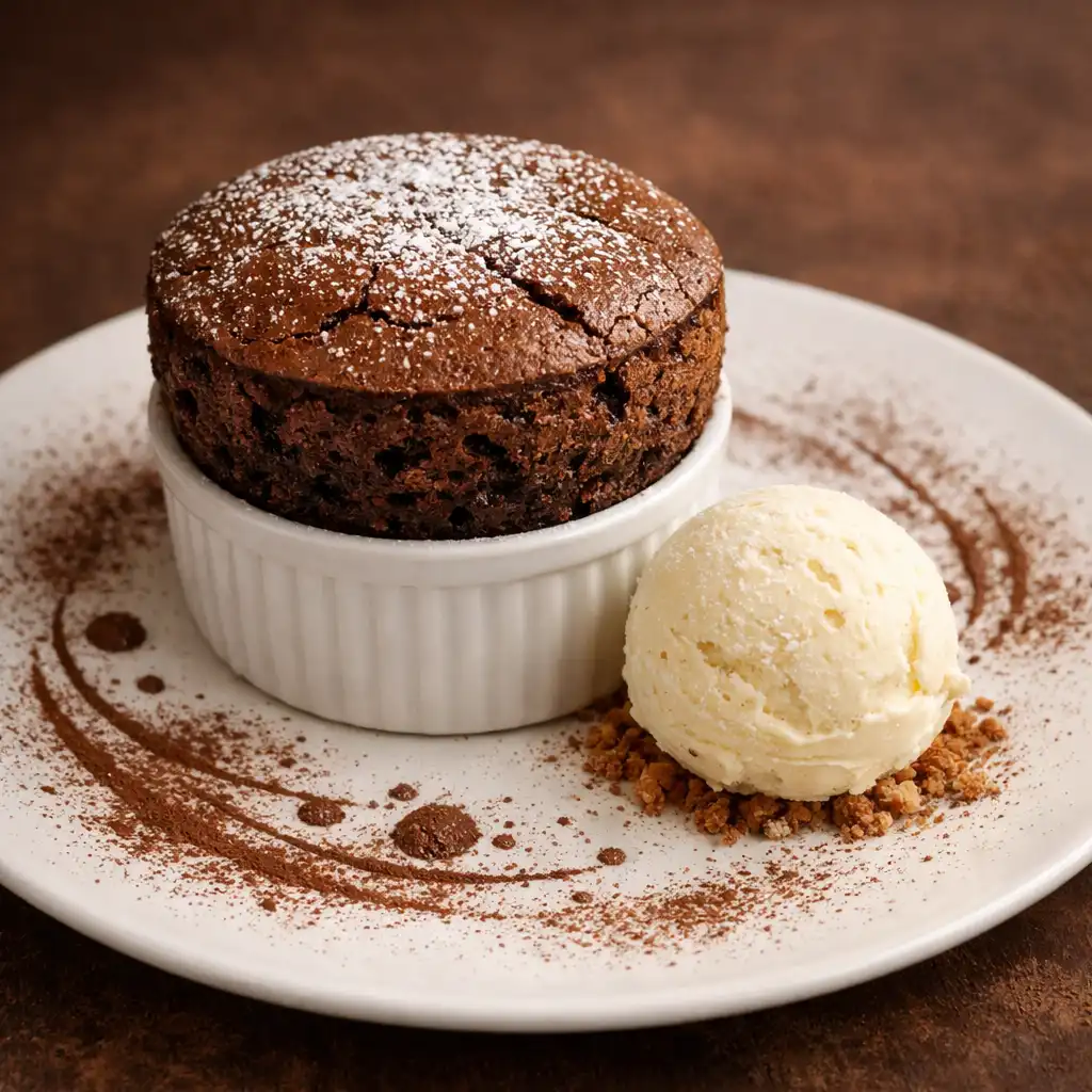 Soufflé au chocolat grand cru avec cœur coulant et glace vanille