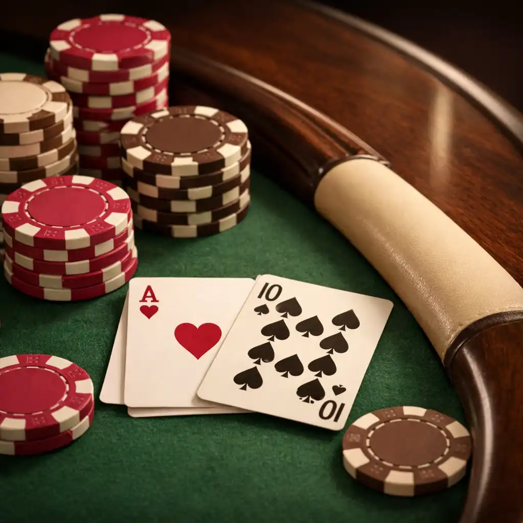 Gros plan sur le bord d'une table de poker en bois avec cartes et jetons
