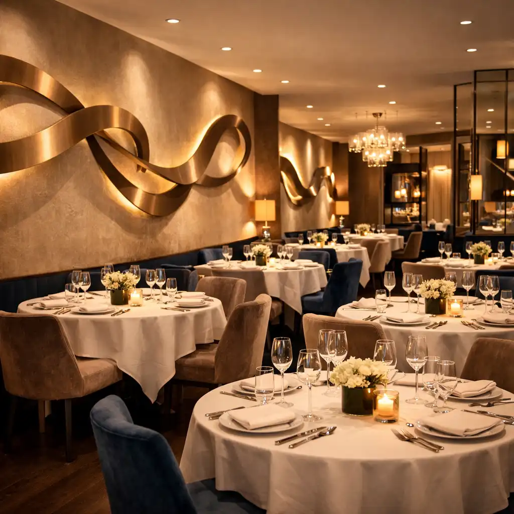 Salle de restaurant gastronomique élégante avec décor en rubans courbes
