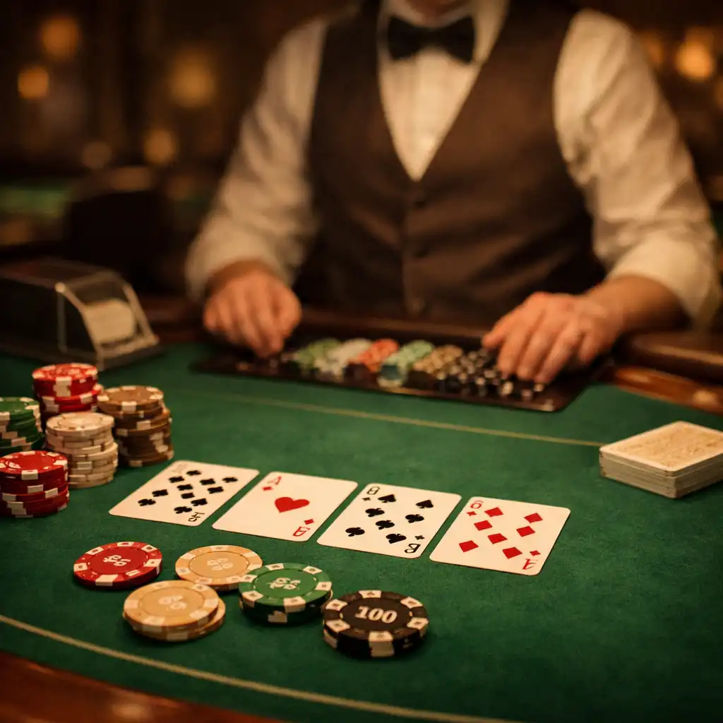Table de casino physique avec tapis vert, cartes et jetons